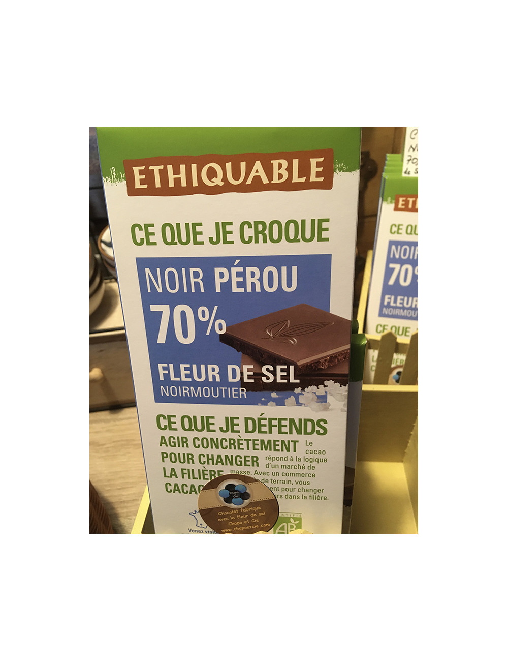 tablette de chocolat 70% Noir Pérou à la fleur de sel de Chapo et Cie Noirmoutier