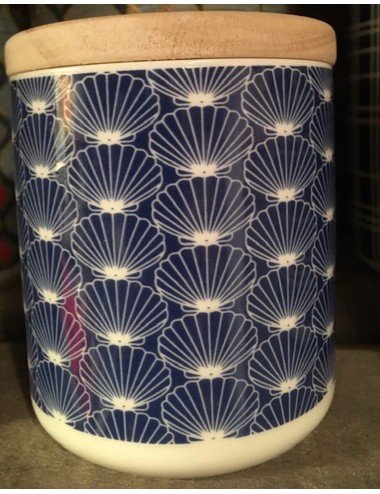 Pot à fleur de sel imprimé coquilles bleu et blanc et 90gr de fleur de sel de forme verticale