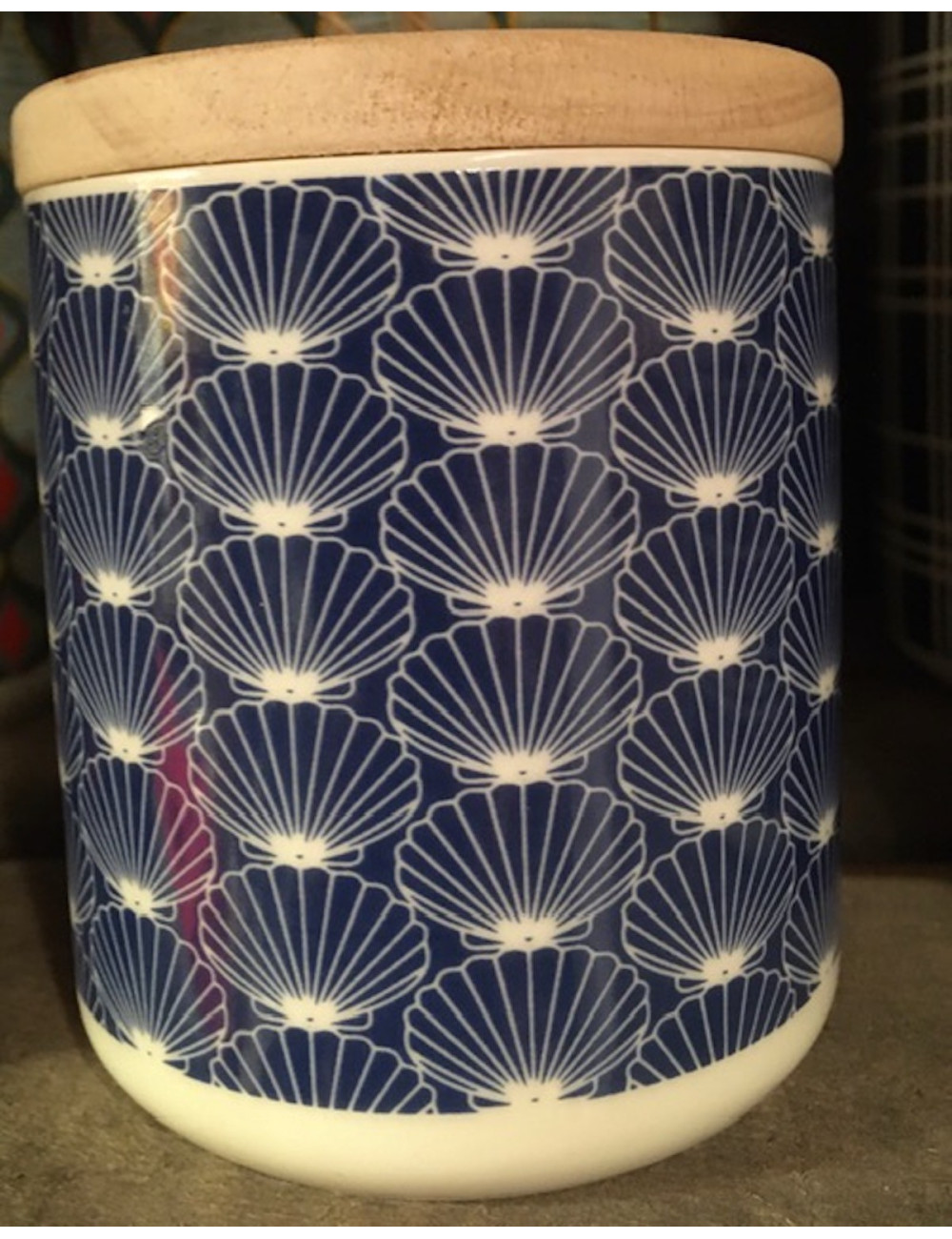 PROMO Pot à fleur de sel imprimé coquilles bleu et blanc et 90gr de fleur de sel de forme verticale PROMO Pot à fleur de sel imprimé coquilles bleu et blanc et 90gr de fleur de sel de forme verticale