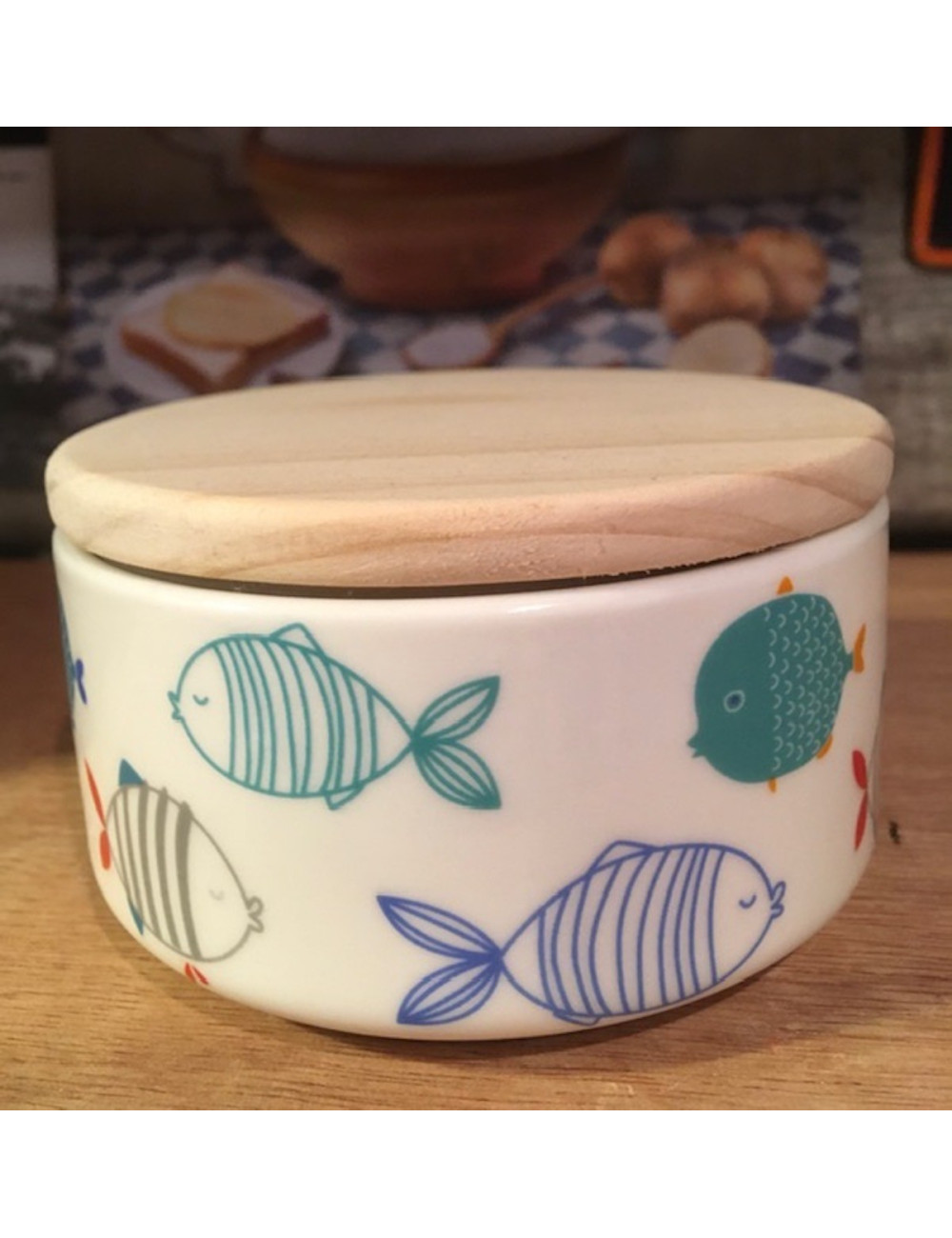 PROMO Pot à fleur de sel imprimé Poissons forme évasée et 90gr de fleur de sel