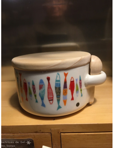 petit pot à fleur de sel motif sardines avec sa cuillère en bois et son sachet de 90gr de fleur de sel