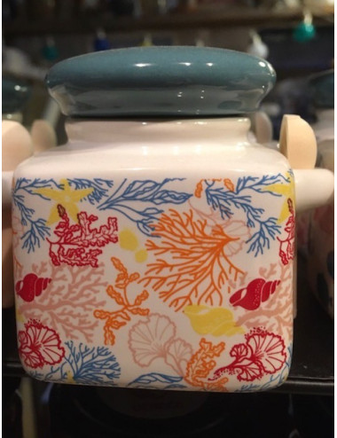 Mini pot cube Motif Fonds Marins avec sa cuillère en bois. Vendu avec un sachet de 90gr de fleur de sel.