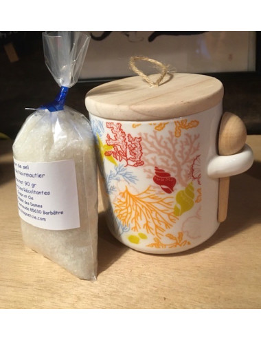 Pot à fleur de sel Fonds Marins avec sa cuillère en bois et 1 sachet de 90gr de fleur de sel