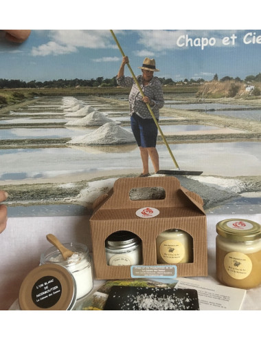 COFFRET DUO ECOBAG fleur de sel 150gr et pot de miel à la fleur de sel de Noirmoutier 250gr 1 pelle en bambou