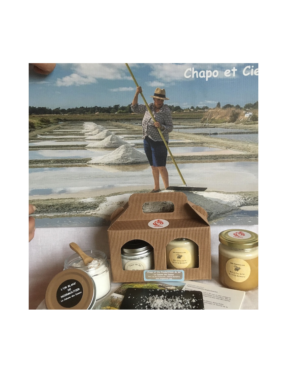 COFFRET DUO ECOBAG fleur de sel 150gr et pot de miel à la fleur de sel de Noirmoutier 250gr 1 pelle en bambou