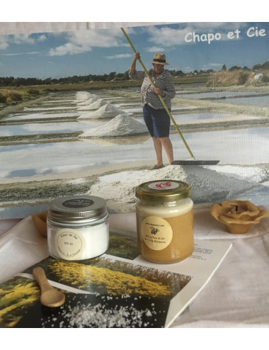 COFFRET DUO ECOBAG fleur de sel 150gr et pot de miel à la fleur de sel de Noirmoutier 250gr 1 pelle en bambou