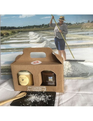 COFFRET DUO ECOBAG 1 Pot de miel à la fleur de sel et 1 pot de caramel au sel de Noirmoutier et 1 pelle en bambou