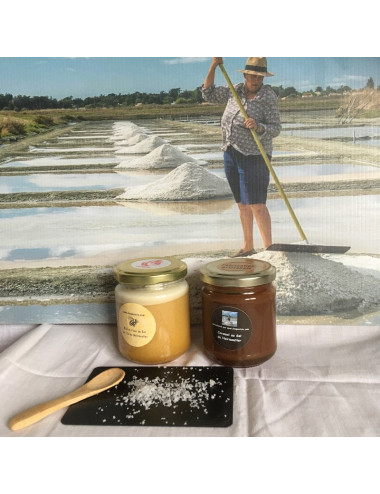 COFFRET DUO ECOBAG 1 Pot de miel à la fleur de sel et 1 pot de caramel au sel de Noirmoutier et 1 pelle en bambou