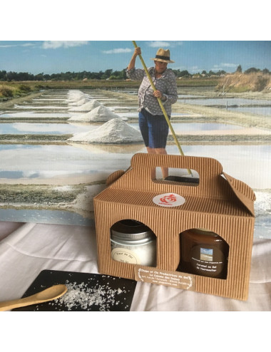 COFFRET DUO ECOBAG 1 pot de caramel 225gr et 1 pot de fleur de sel nature de 150gr net 1 pelle en bambou